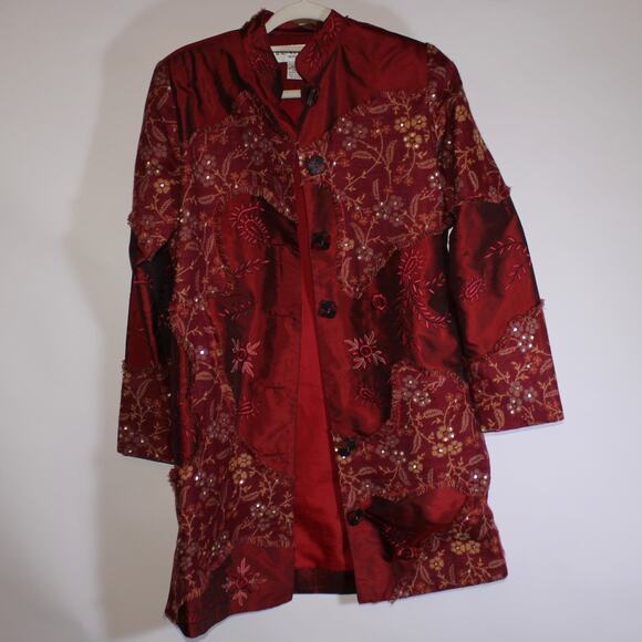 Vintage Tunique Nights Red Silk Blend Button Up Embroidery And Sequins Size S - Picture 1 of 6